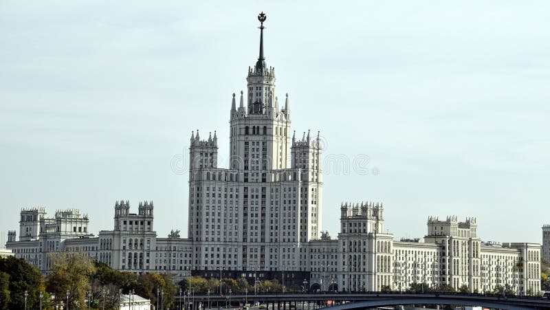 We can see a beautiful building on Kotelnicheskaya embankment ander the good weather. We can see a beautiful building on Kotelnicheskaya embankment ander the good weather