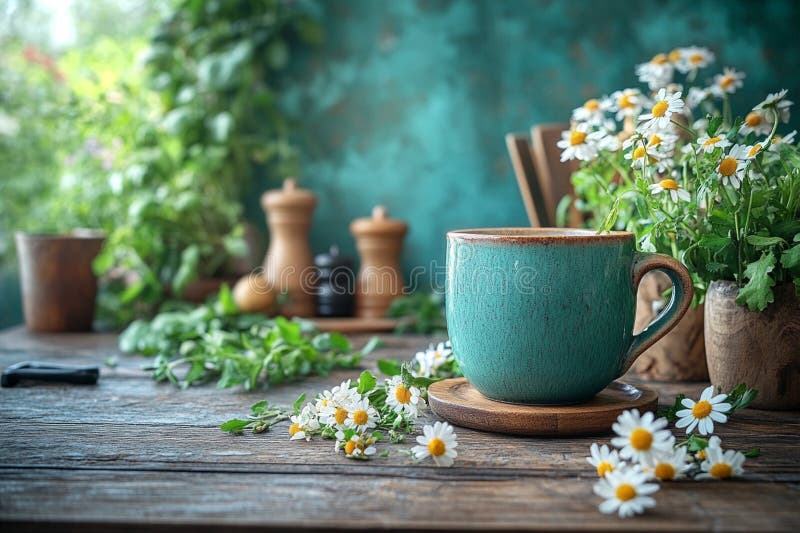 Cana ceramică rustică din ceramică pe o masă de lemn înconjurată de flori de mușețel și plante aromatice proaspete într-o bucătări royalty free stock photography
