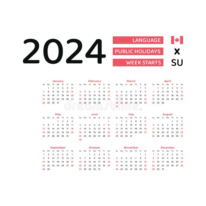 Canada Calendar 2024. Week Starts from Sunday. Vector Graphic Design