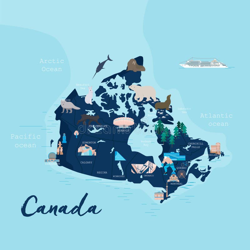 Infographic Travel And Landmark Canada Map Shape Template Design Stock