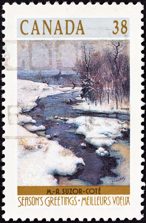 CANADA - CIRCA 1989 : Un timbre imprimé au Canada montre Bend in the Gosselin River Marc-Aurele Suzor-Cote, vers 1989 image libre de droits CANADA - CIRCA 1989 : Un timbre imprimé au Canada montre Bend in the Gosselin River Marc-Aurele Suzor-Cote, vers 1989 image libre de droits