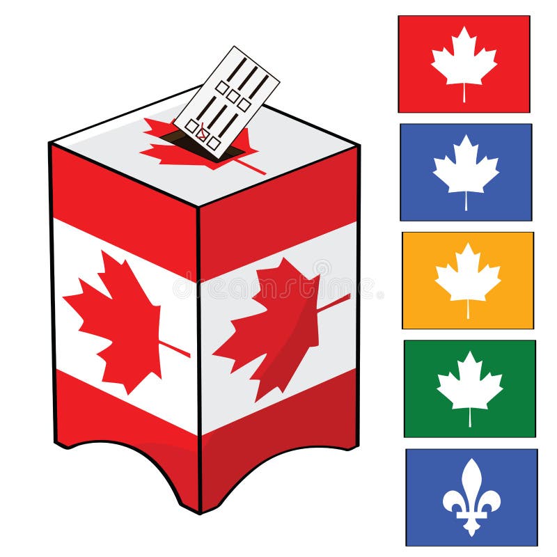 Illustration of a ballot box with the Canadian flag and different colors of votes (for the different parties in Canada). Maple leaf canada cartoon vectors