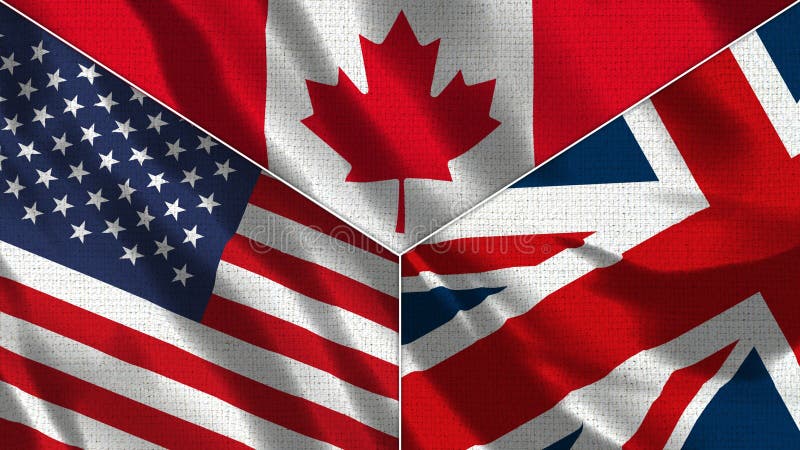 Canada en het Verenigd Koninkrijk en de Verenigde Staten: Realistische drie vlaggen samen vector illustratie Canada en het Verenigd Koninkrijk en de Verenigde Staten: Realistische drie vlaggen samen vector illustratie