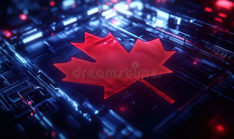 Canada flag digital representation, glowing red maple leaf on futuristic circuit board background, technology and vector illustration