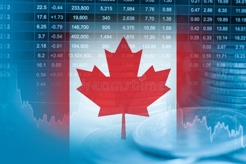 Canada flag with stock market finance, economy trend graph digital technology