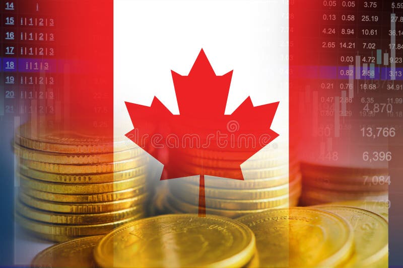 Canada flag with stock market finance, economy trend graph digital technology