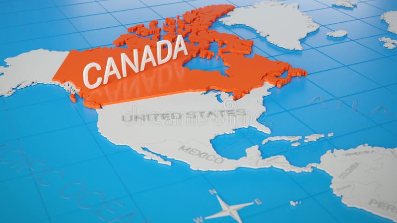 Canada highlighted on a white simplified 3D world map. Digital 3D render stock illustration