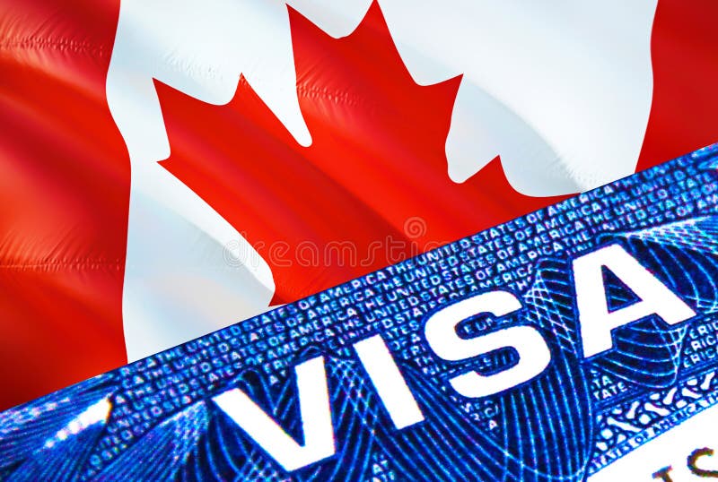 Canada visa document close up. Passport visa on Canada flag. Canada visitor visa in passport,3D rendering. Canada multi entrance royalty free illustration