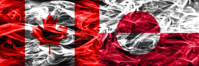 Canada Vs Greenland Smoke Flags Placed Side by Side. Canadian an Stock