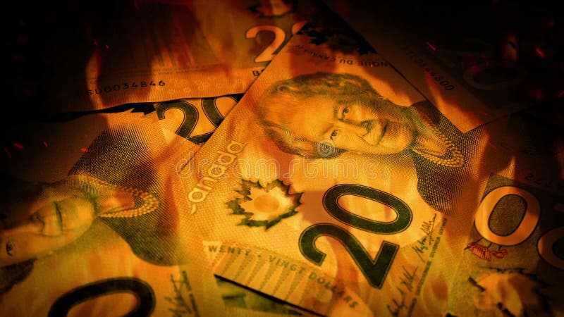 Canadian Banknotes Rotating In Fire