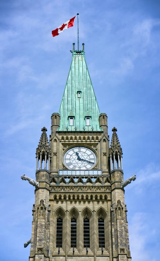 Canadian flag on a tower of the Canadian Parliament building against a blue sky. Parliament Hill, Ottawa, Ontario