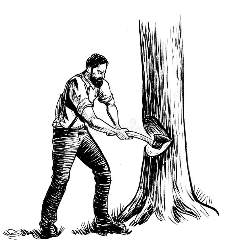 Vector Cartoon Of Man Or Businessman Unable To Cut Down Large Tree With  Small Ax Or Axe Stock Illustration - Download Image Now - iStock