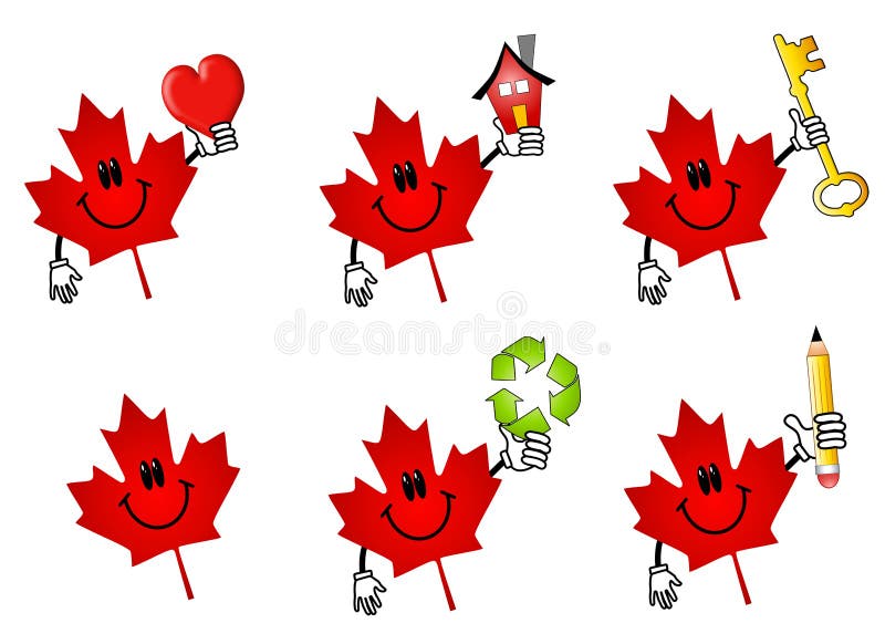 An illustration featuring your choice of 6 red Canadian maple leaf icons holding various items - heart, house, key, recycling symbol and pencil. Maple leaf canada cartoon illustrations