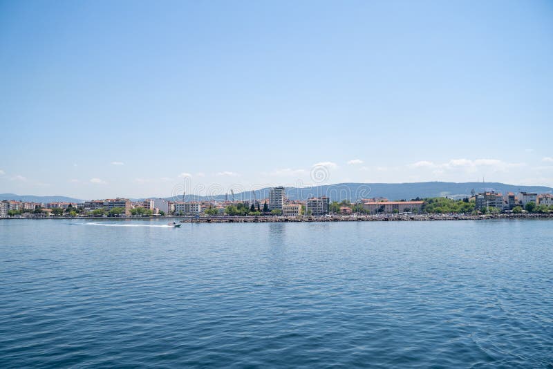 Canakkale Gallipoli Strait View and Speedboat at Sea.