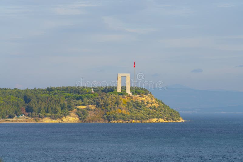 Canakkale Martyrs Memorial against to Dardanelles Strait.