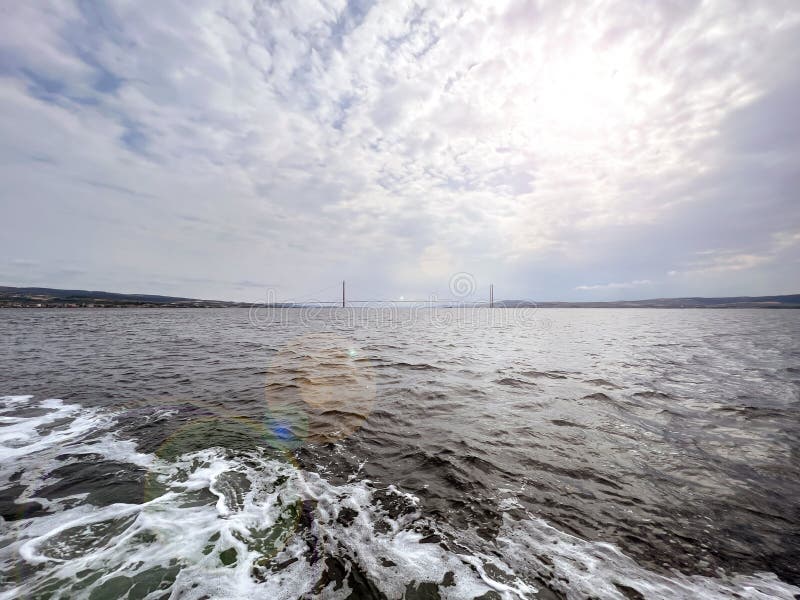 Canakkale strait, bridge and bosphorus view. Turkey, with lens flair..