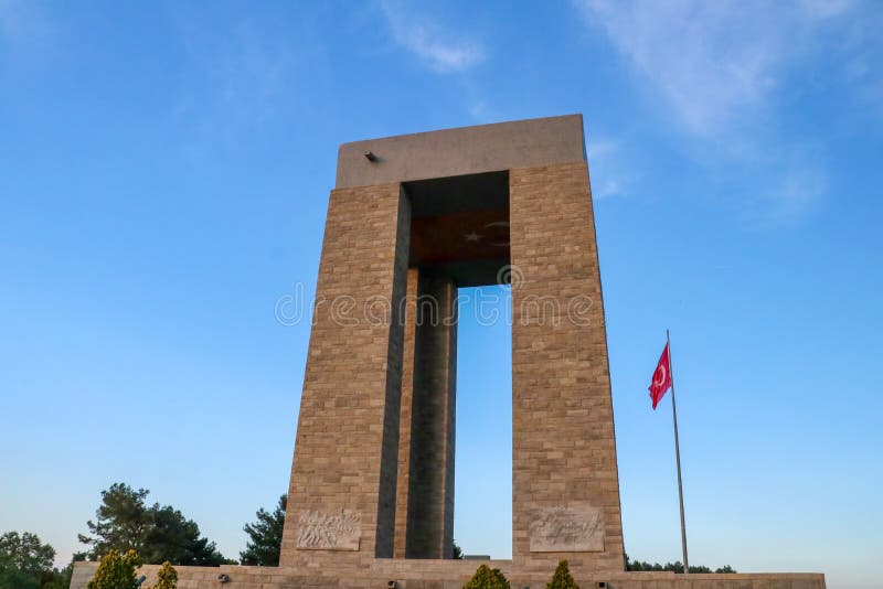 Canakkale / Turkey, May 26, 2019 / Canakkale Martyrs` Memorial against to Dardanelles Strait.