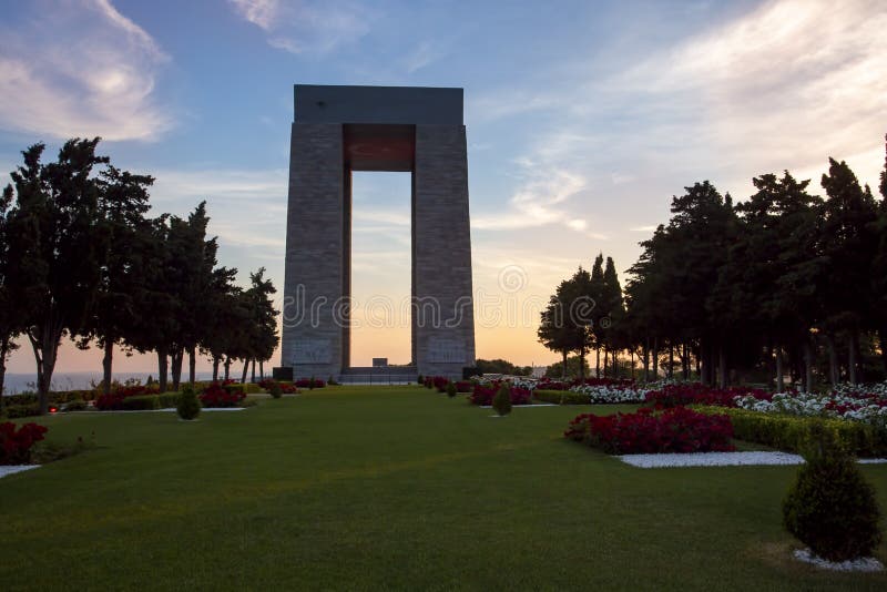 Canakkale / Turkey, May 26, 2019 / Canakkale Martyrs` Memorial against to Dardanelles Strait.