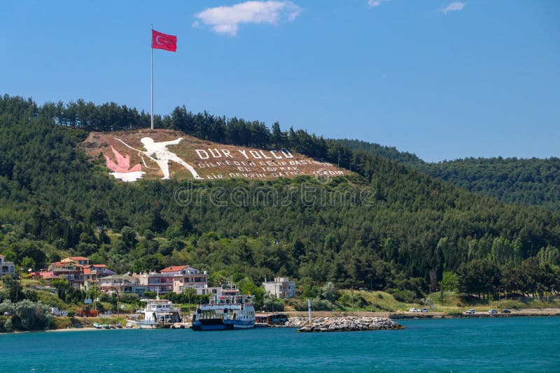 Canakkale / Turkey - May 26, 2019 / Dur Yolcu Traveller halt, The soil you tread, Once witnessed the end of an era memorial aerial view in Canakkale, Turkey. Canakkale / Turkey - May 26, 2019 / Dur Yolcu Traveller halt, The soil you tread, Once witnessed the end of an era memorial aerial view in Canakkale, Turkey.