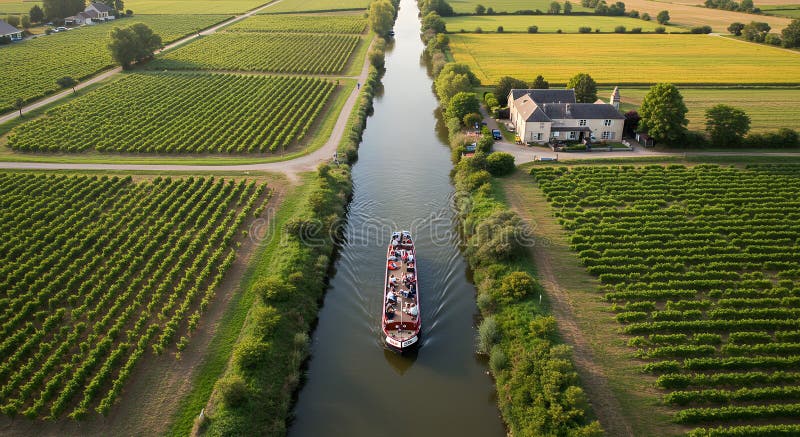 Canal Boat Tour : Vineyards Waterways&French Countryside Viewer. Podróże wakacyjne w Scenic ilustracja wektor