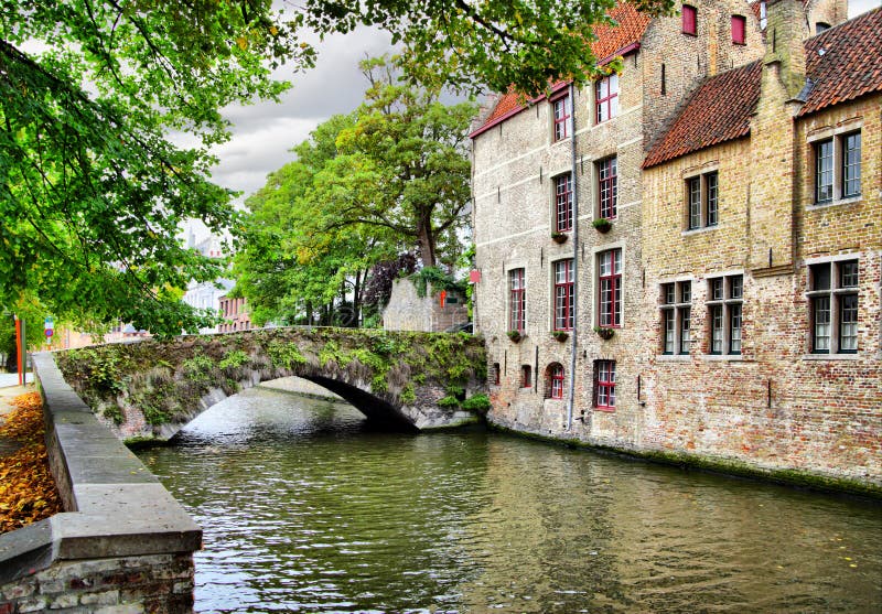 Medieval houses on canal in Bruges, Belgium