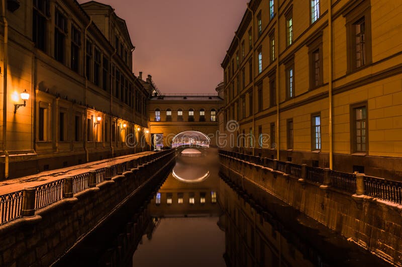 Winter canal in Saint Petersburg Russia by night, long exposure. Winter canal in Saint Petersburg Russia by night, long exposure