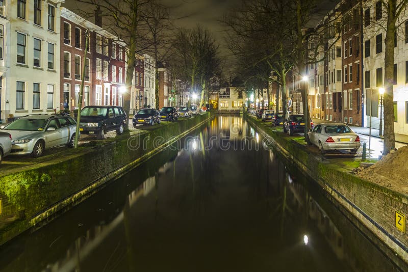 Canal at night in the Hague stock photo Canal at night in the Hague stock photo