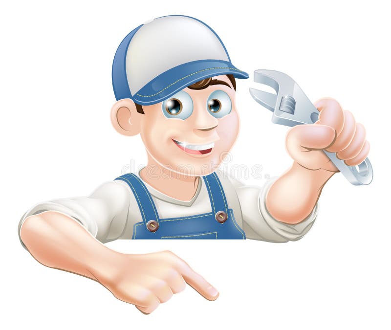 Encanador dos desenhos animados que espreita sobre o sinal ilustração stock Encanador dos desenhos animados que espreita sobre o sinal ilustração stock