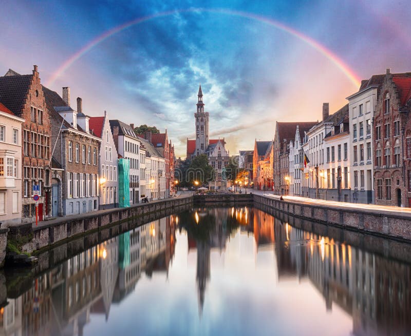 Canals of Bruges with rainbow, Belgium