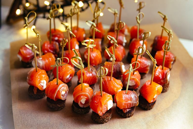 Canape with Salmon, Cream Cheese and Rye Bread on Skewers Stock Image