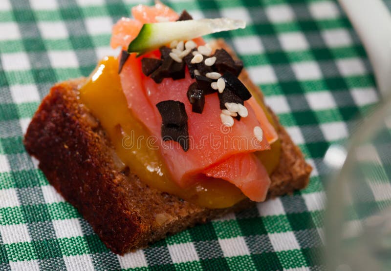 Canape with Salmon and Mango Sauce Stock Photo - Image of fish, food