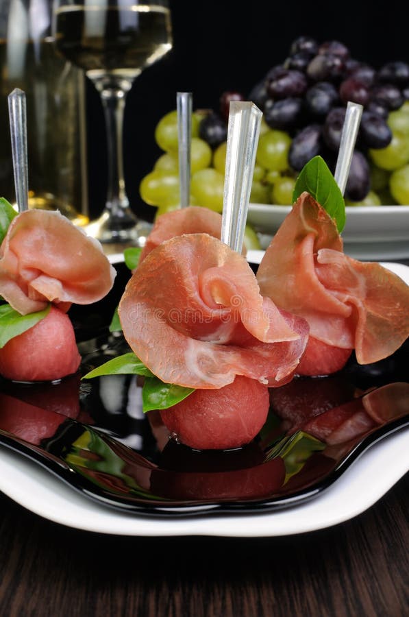 Canape of Balls with a Melon and Salami Stock Photo Image of hour, ball 61768878