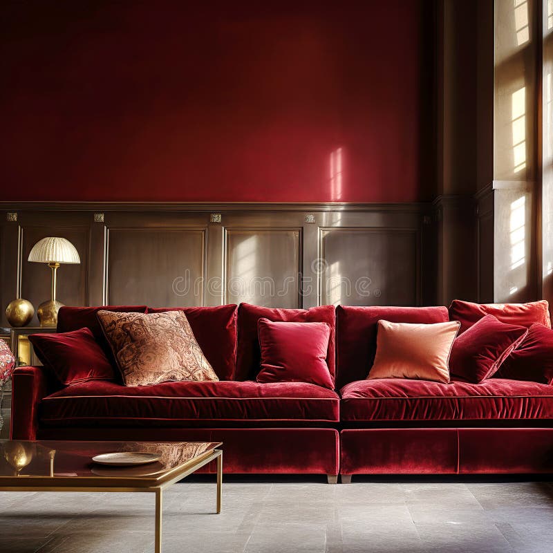 Canapea de catifea Crimson împotriva peretelui de scobire cu spațiu pentru copiere. design clasic de artă deco retro și de interio stock illustration