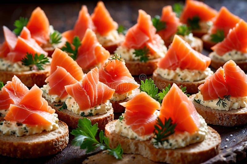 Canapes appetizer snacks with cream cheese and smoked salmon vector illustration