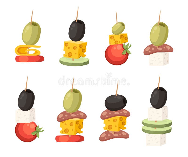 Canapes avec différents écrimages Nourriture de restaurant avec le bâton en bois Casse-croûte, apéritif pour des restaurants Illu illustration de vecteur Canapes avec différents écrimages Nourriture de restaurant avec le bâton en bois Casse-croûte, apéritif pour des restaurants Illu illustration de vecteur