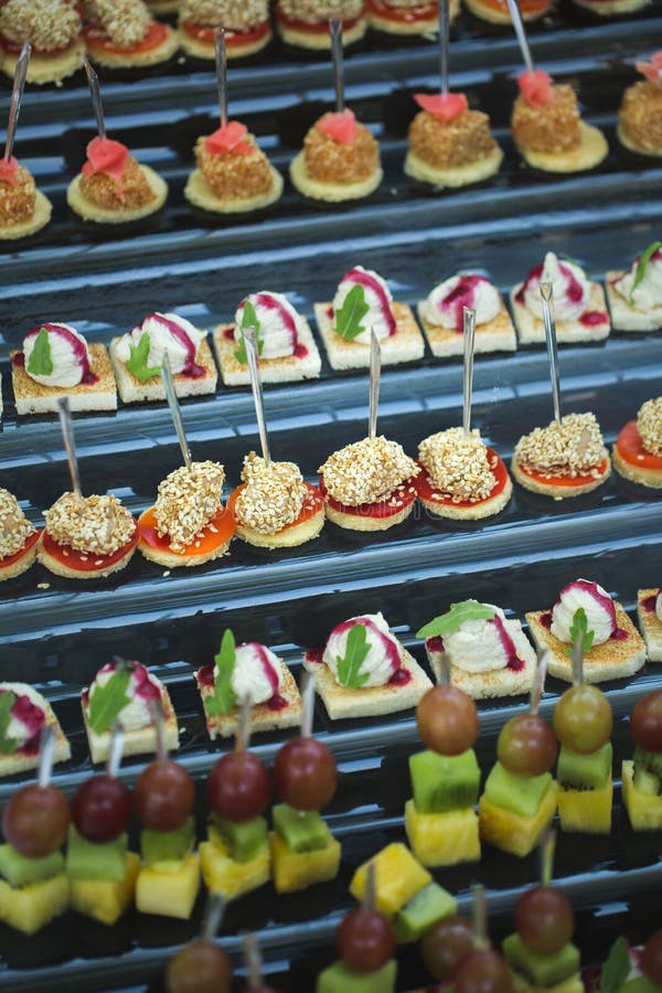 Canapes of Cheese Vegetables Meat and Seafood. Buffet Table. Stock