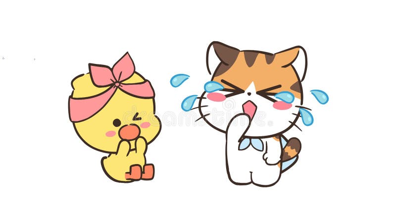 Canard animé et chat rire larmes fond blanc : canard animé comique et chat rire avec fond blanc illustration libre de droits