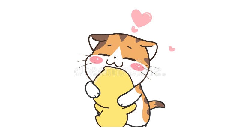 Canard animé et chat étreindre fond blanc illustration de vecteur