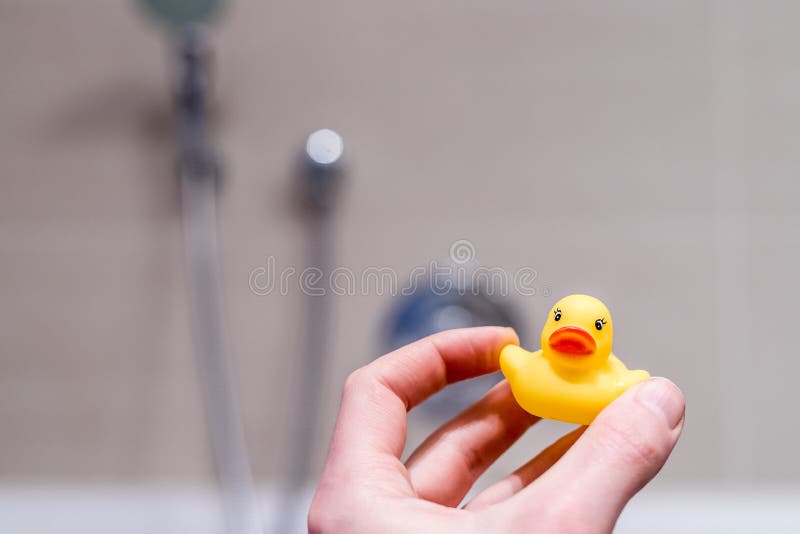 Canard en caoutchouc jaune dans la salle de bains photos stock Canard en caoutchouc jaune dans la salle de bains photos stock