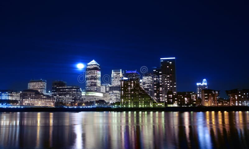 Canary wharf across the Thames at night stock photo Canary wharf across the Thames at night stock photo