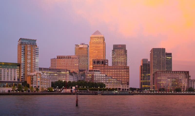 Canary Wharf business and banking district night lights