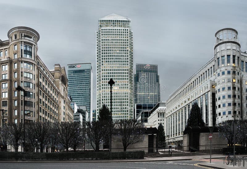 London, United Kingdom - Dec 02, 2018 : Canary Wharf is one of the two major business districts in London, long exposure photography. London, United Kingdom - Dec 02, 2018 : Canary Wharf is one of the two major business districts in London, long exposure photography