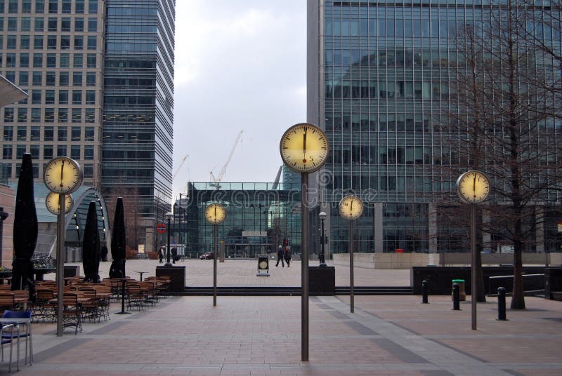 Canary Wharf, London, showing clocks