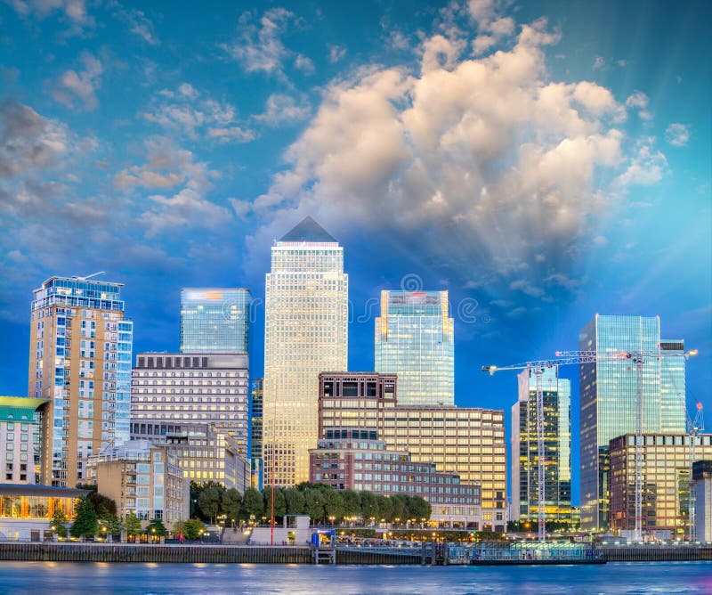 Canary Wharf Night Skyline Over River Thames - London, UK Stock Image ...