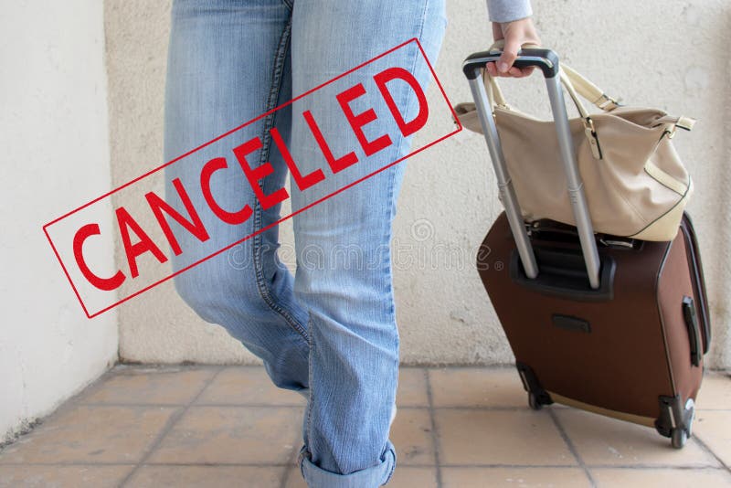 Cancelled Trip Concept, a Woman with a Luggage Bag and a Stamp