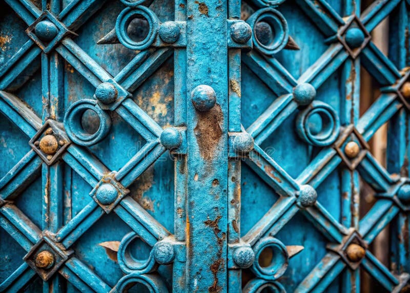 Cancello blu metallico elastico con struttura geometrica intricata Una feature architettonica di vintage per spazi all'aperto royalty illustrazione gratis