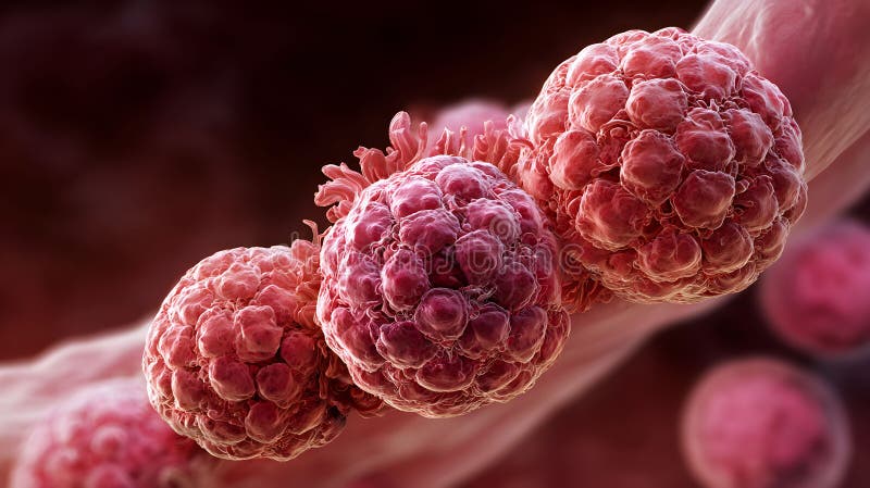 Microscopic view of cancer cells dividing in a human body during the progression of disease stock illustration