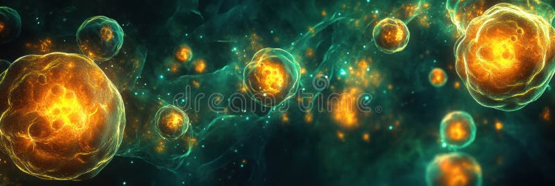 Cancer cells illuminated with glowing edges showcasing their structure and activity in an abstract representation royalty free stock image