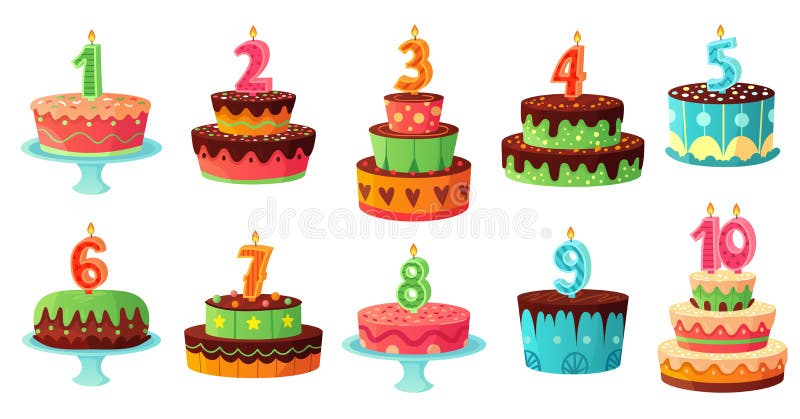 Candela di numeri della torta di compleanno del fumetto Candele di anniversario, insieme dell'illustrazione di vettore dei dolci royalty illustrazione gratis