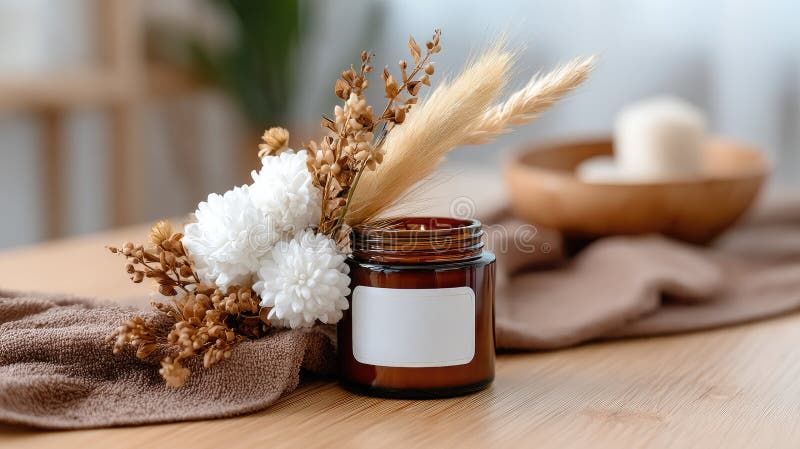 Candela e due tazze ben disposte in una scatola di regalo in legno, accompagnate da accenti di paglia e che presentano un colore s fotografie stock libere da diritti